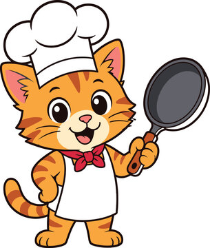 Cartoon cat chef holding a frying pan