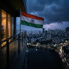 Obraz premium Indian National Flag Waving from High Rise Balcony over Mumbai City at Night