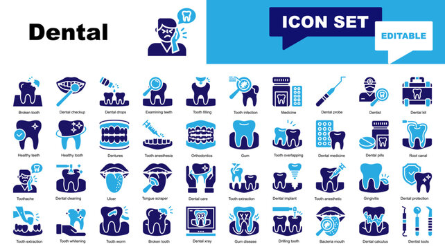 Dental icon set. Vector icons for dentist, Broken tooth, checkup, Examining teeth, Tooth filling, infection, Medicine, Dental probe, Dentures, Orthodontics, Gum