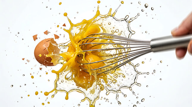 A hand whisks an egg splashing egg yolk in a dynamic motion indoors.