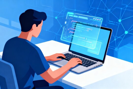 Person coding on laptop with digital interface
