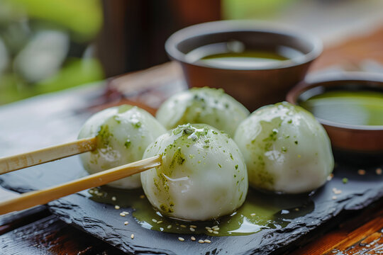 Japanese sweet matcha dango dumplings served with green tea on wooden table