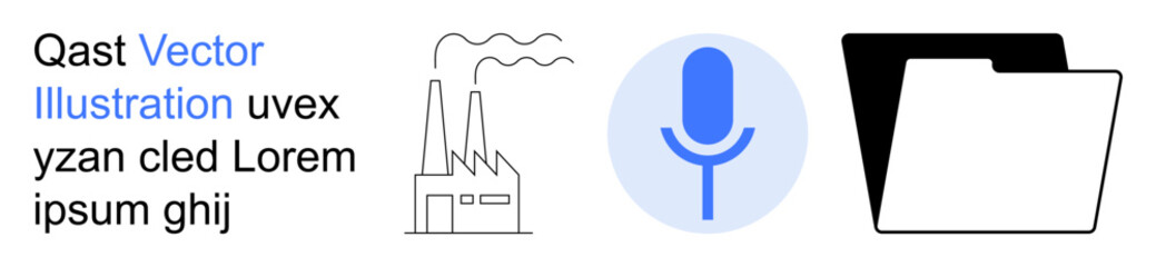 Manufacturing, technology, business management, information storage, data communication, audio recording. Factory building, microphone icon and folder graphic with text. Technology and business © robu_s