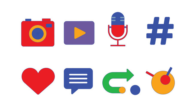 Modern hyper flat social media content creator icon set featuring bold solid vector elements for digital marketing and creator tools
