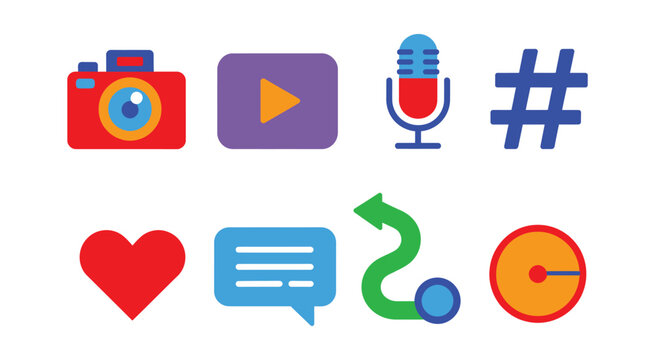 Bold solid social media creator icon pack in modern hyper flat style for content production marketing and digital communication design