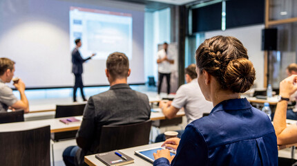 Diverse audience attentively listens to a presenter during a professional business conference or educational seminar.