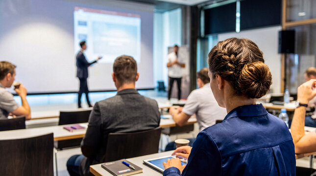 Diverse audience attentively listens to a presenter during a professional business conference or educational seminar.
