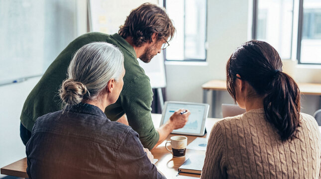Collaborative business team discussing financial data and project plans on a digital tablet in a modern meeting room.