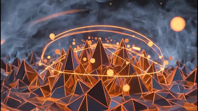 Abstract geometric landscape with glowing orange lines and bokeh lights