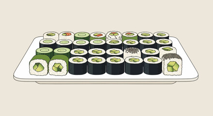 Assorted Sushi Rolls Platter on White Plate © Choirul