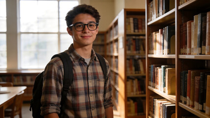 Obraz premium Young man in library with bookshelf emphasizing human connection and authentic emotions