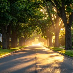 Obraz premium Serene tree lined road at sunrise.