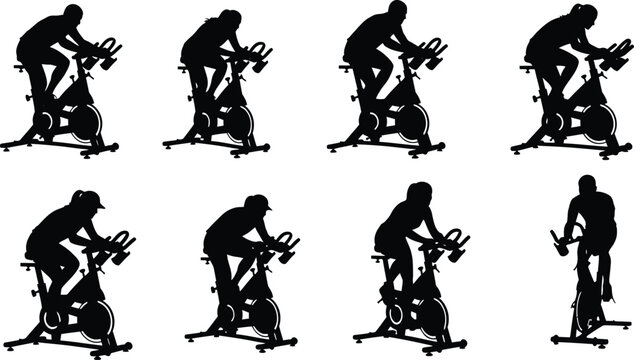 Spinning Stationary Exercise Bike Workout Silhouette Icons Set Vector