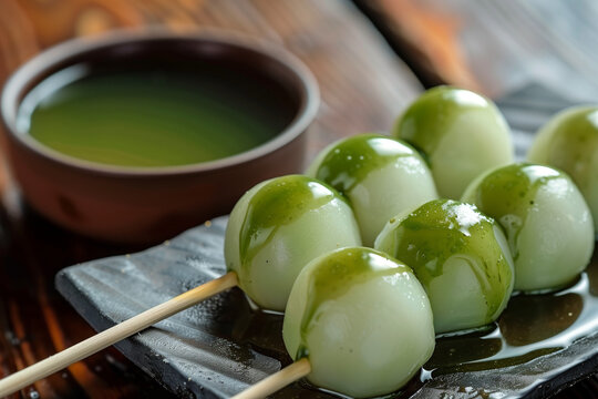 Close up of premium matcha dango rice dumplings with thick green tea sauce