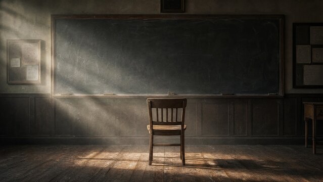 Empty classroom with a single chair and sunlight through dust.