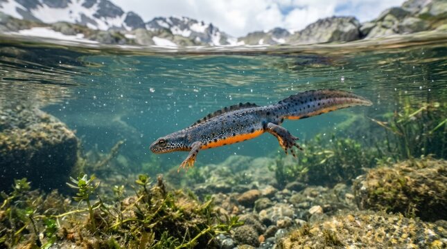 A red-bellied newt swimming in clear water with rocks and aquatic plants in the background.