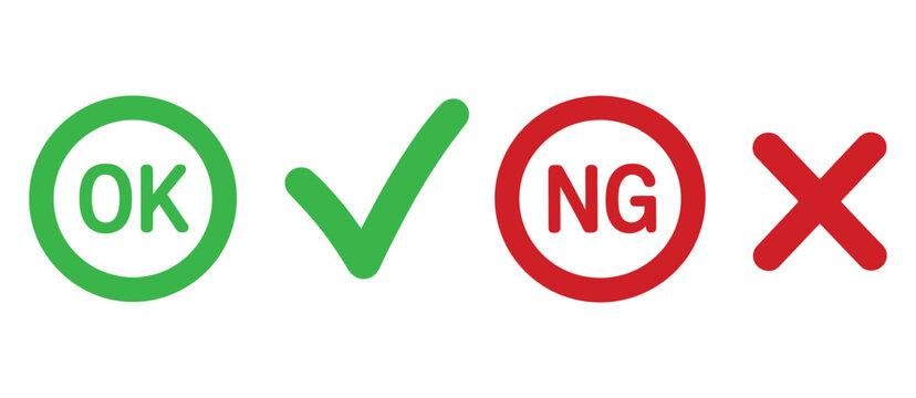 OK and check mark icon set with NG and cross mark symbols in vector style for approval and rejection concepts
