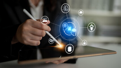 Fototapeta premium AI collaboration and connectivity enhance AI, system, and connectivity by linking data, automation, and digital networks in a seamless process Latch
