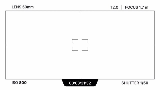 Cinematic camera focus overlay with lens settings for filmmaking. Professional video viewfinder HUD with focus frame and recording display. Modern camera lens monitoring screen for film production