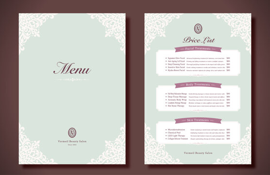 Luxury Esthetician Salon Menu Template - Elegant Green & White Lace Design
