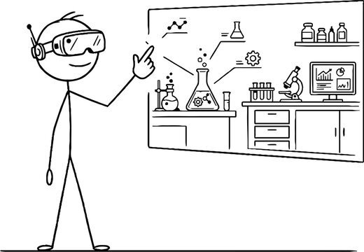 Scientist interacting with virtual lab interface wearing goggles