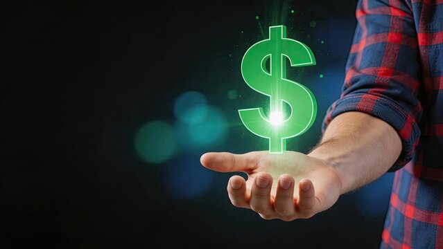 Hand holding glowing green dollar sign symbolizing financial success, wealth generation, digital currency, economic growth and monetary value in modern business and fintech