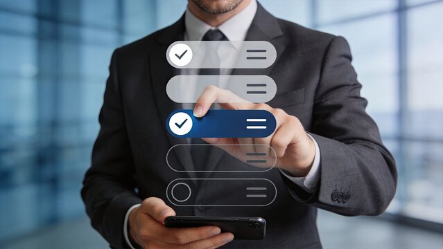 Businessman selecting options on virtual interface screen with check marks representing decision making, choice selection, user experience design and interactive technology in