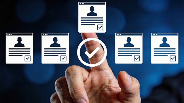 Digital identity verification concept, user profile selection on touch screen, account management, login process, security check and personal data authentication.