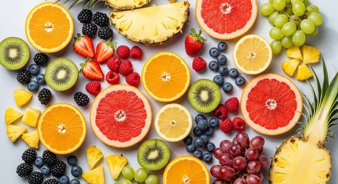 Assortment of fresh fruits overhead view