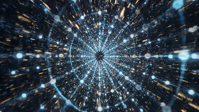 Abstract Digital Network Tunnel with Glowing Connections and Particles.