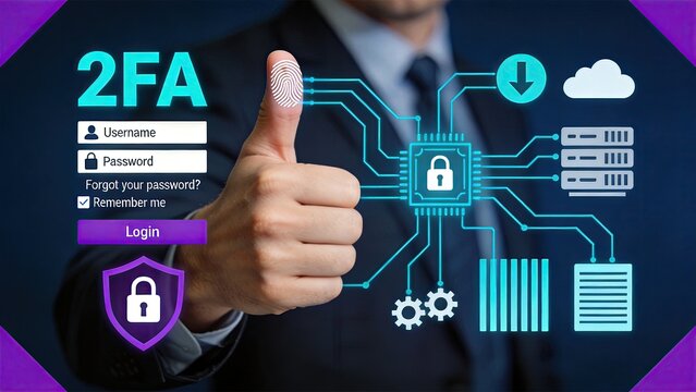 Two factor authentication security concept featuring fingerprint scan login interface with digital lock shield and server network connections for cyber protection and identity