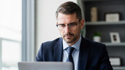 Fototapeta premium Financial professional in a tailored suit, focused on numerical analysis against a blurred office backdrop.
