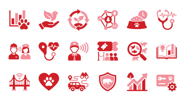 Collection of veterinary and animal care icons representing health, research, and conservation efforts.