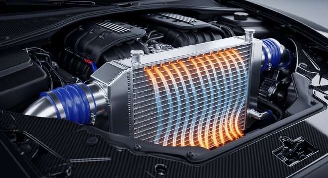 Close-up view of a high-performance intercooler system within a car engine bay, illustrating airflow and heat exchange.