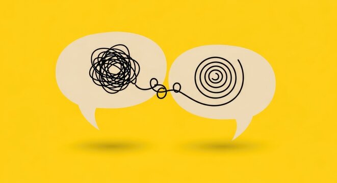 Two speech bubbles with abstract swirls connected by a string on a yellow background