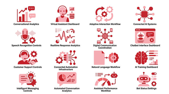 Collection of AI and technology icons representing concepts like conversational analytics, virtual assistants, and chatbots.