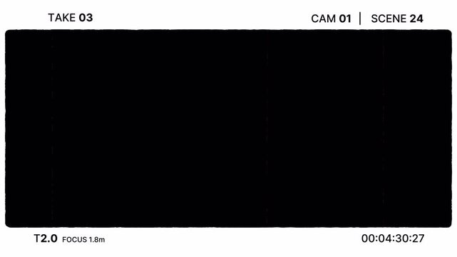 Modern cinema recording screen frame with take display and focus information. Cinematic film frame overlay with take counter and scene display. Filmmaking monitor overlay with scene counter and frame