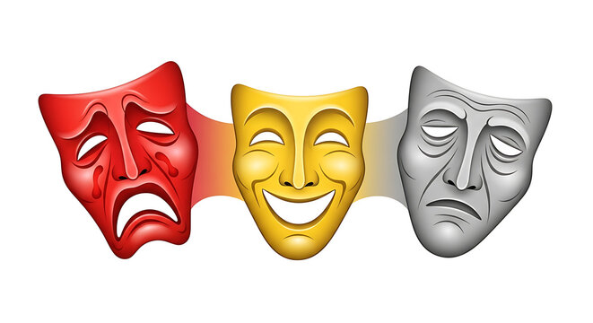 Three colorful comedy masks in a row