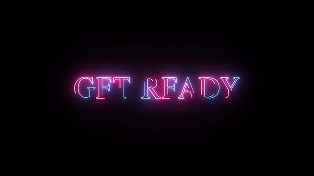 Glitch get ready text in purple and blue color on a black background, alpha channel, 4K motion graphics