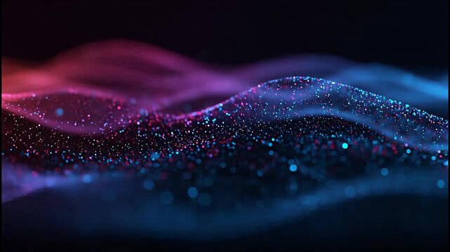Abstract glowing wave of pink and blue particles on a dark background
