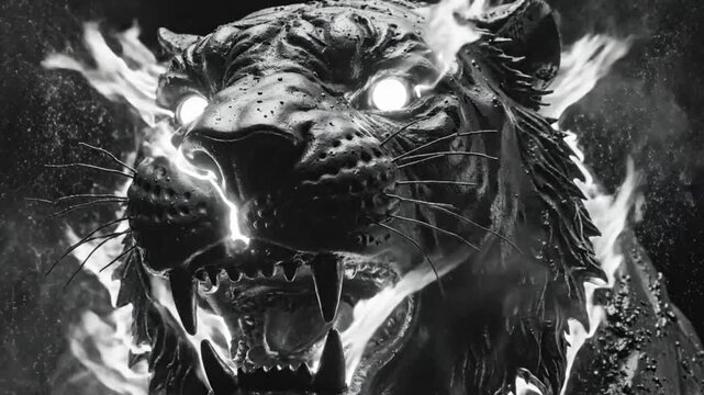 Epic and powerful monochrome animation of a ferocious tiger statue glowing with white energy and smoke