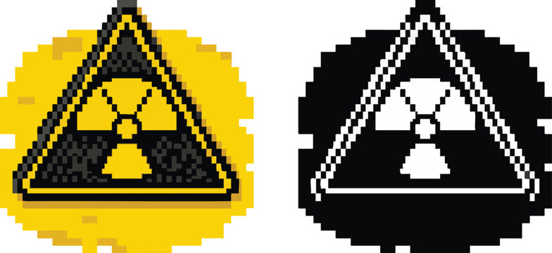 Pixelated yellow and black radiation hazard warning sign alongside a black and white version, indicating danger from radioactive materials or ionizing radiation.
