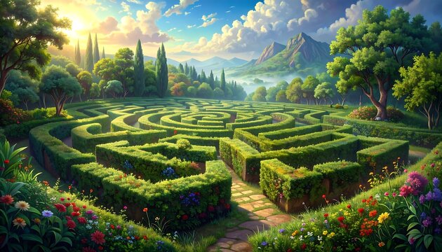 A vibrant garden labyrinth bathed in sunlight, surrounded by lush foliage, rolling hills, and a clear blue sky