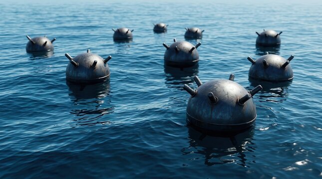 Detailed metallic spheres of naval mines in a dangerous maritime security concept.