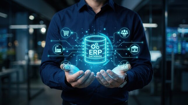 Businessperson holding a glowing database icon representing integrated ERP software and data.