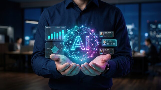 Businessperson holding artificial intelligence icons and charts for automated employee performance appraisal.