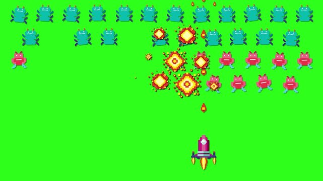 Retro Pixel Art Space Shooter Game Animation on Green Screen