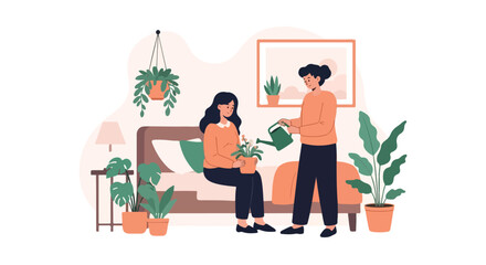 Fototapeta premium A young woman sits on a bed holding a potted plant while another woman waters it with a green watering can in a cozy, plant-filled bedroom.