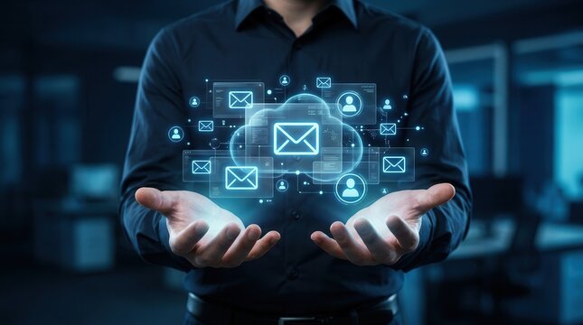 Email marketing concept featuring a businessperson managing an automated reply system and mailing list.