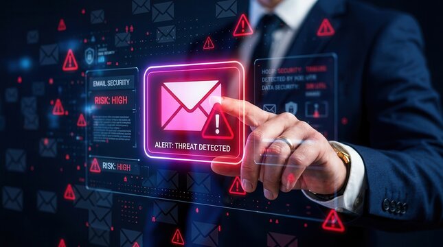 A business person touching an email icon to delete malicious scam emails.